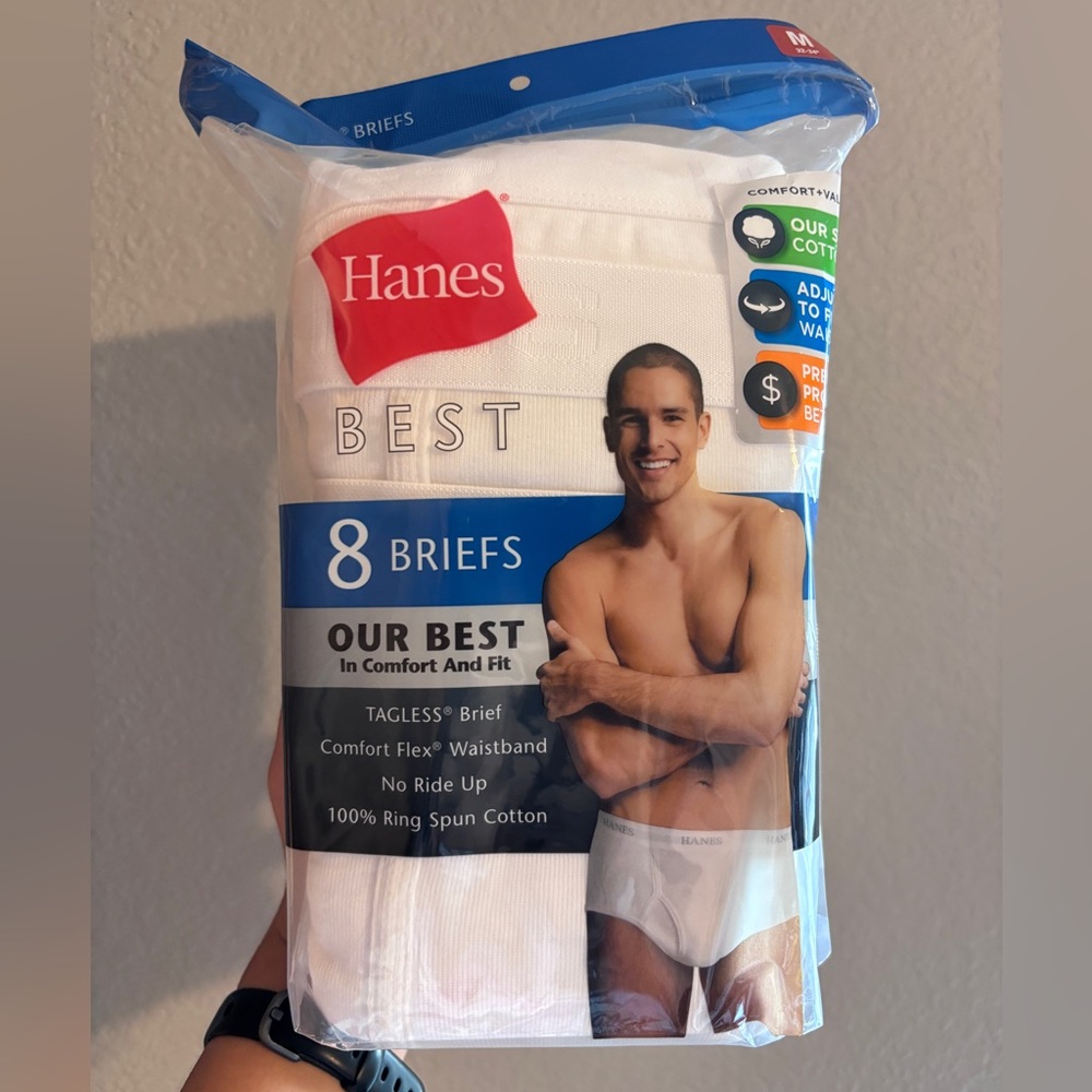 Hanes Best White Briefs 8-Pack Tagless Brief, comfort flex waistband, M (32-34”)